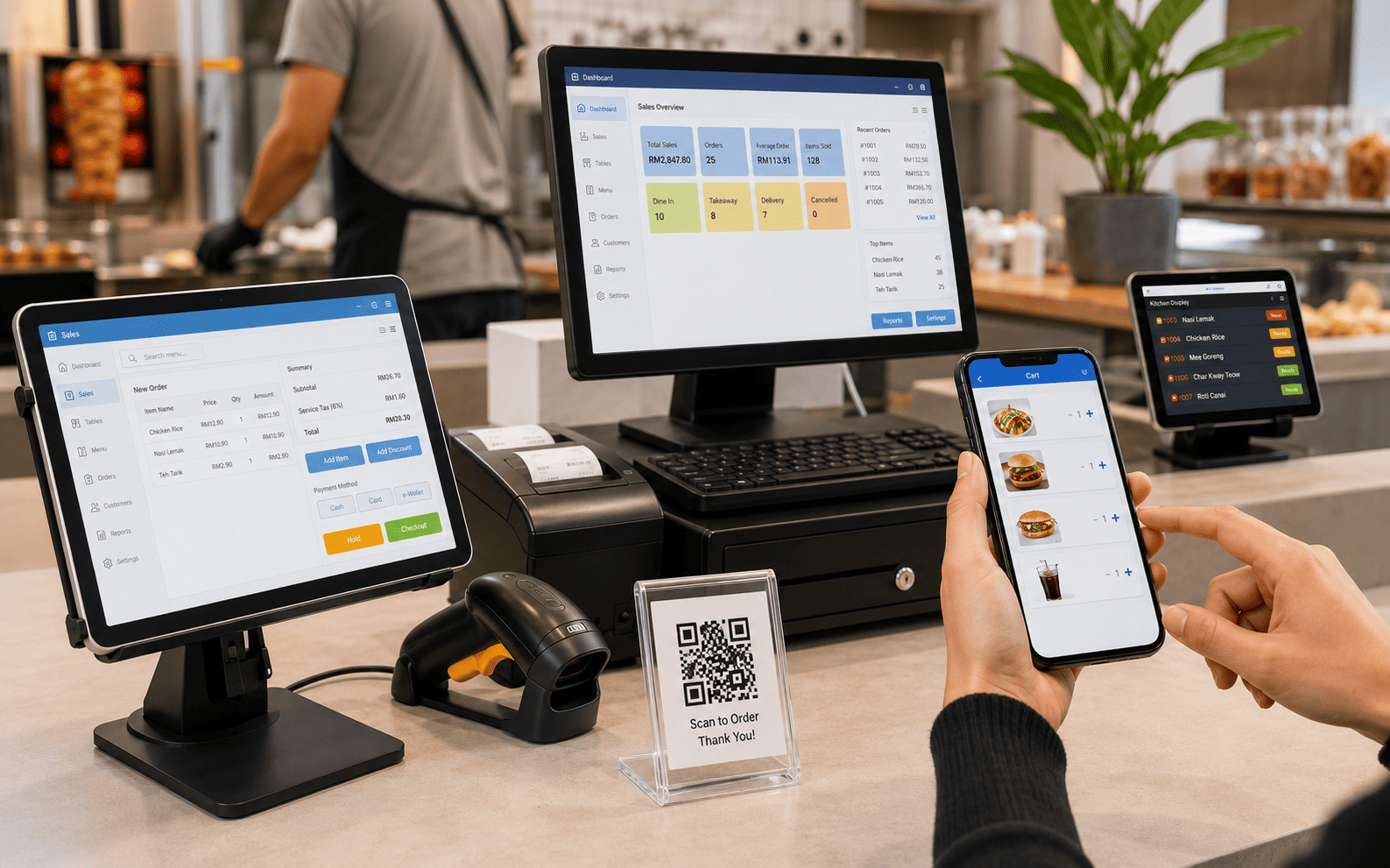 POS Web tablet, mobile QR ordering and offline POS hardware on a retail counter