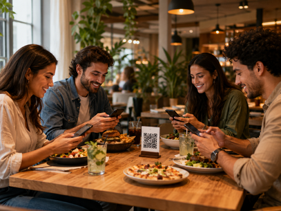Multiple customers at the same table ordering from mobile phones with QR ordering