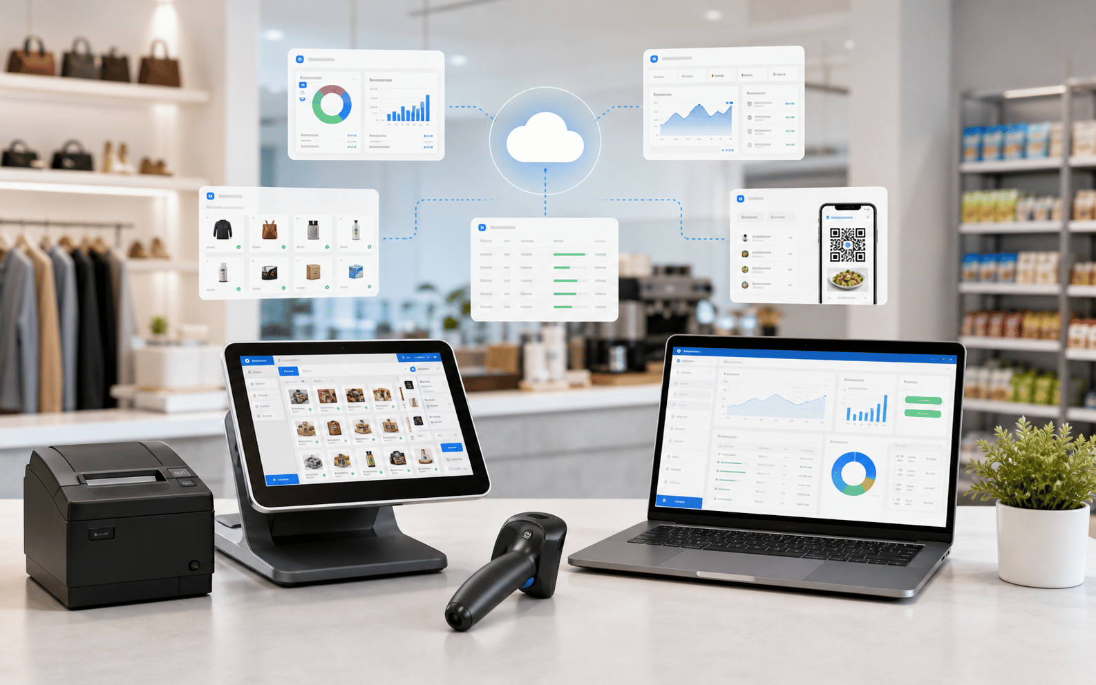 Cloud POS showing browser POS, tablet POS and connected branch dashboards