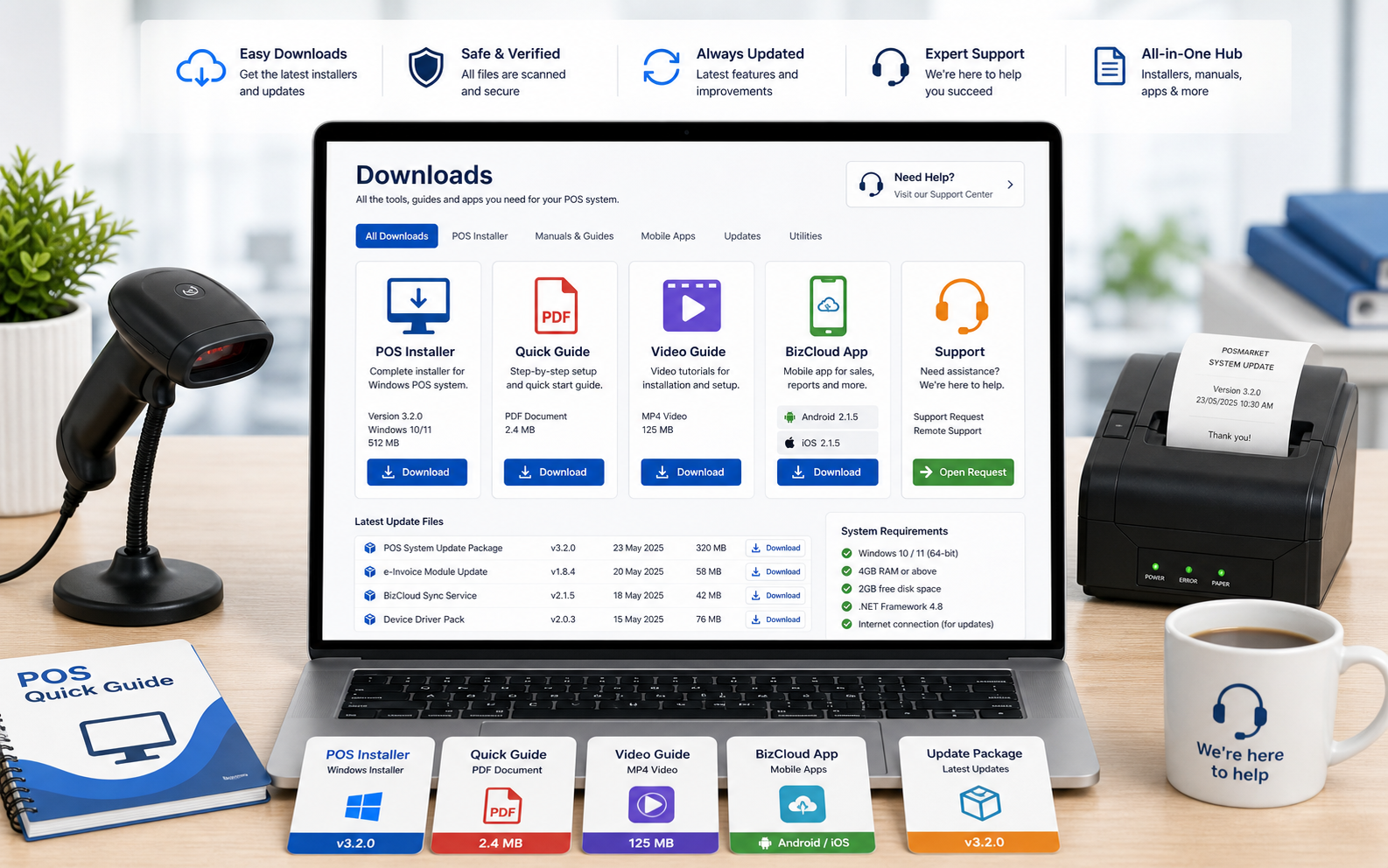 POSMarket downloads support center with POS installer quick guide video guide BizCloud app and support files