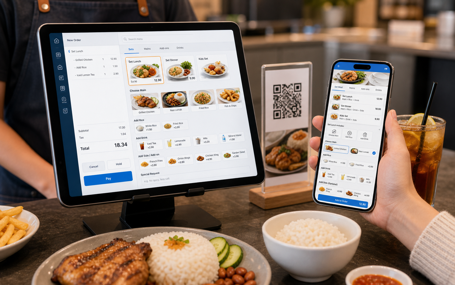Restaurant POS set lunch set dinner add rice add drinks and item options