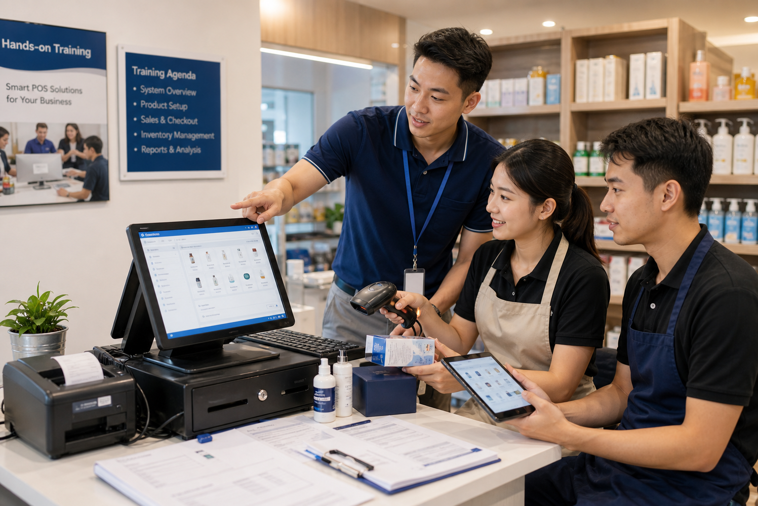 Hands-on POS training workshop with retail employees practicing scanner tablet and receipt printer workflow