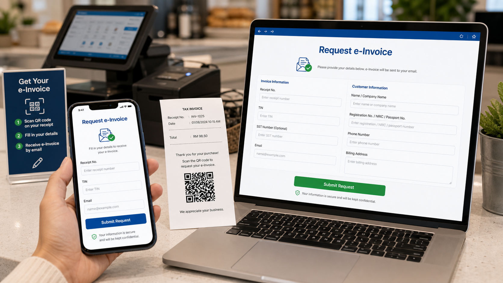 Customer keys in receipt number TIN email and buyer information on an on-demand e-Invoice web form
