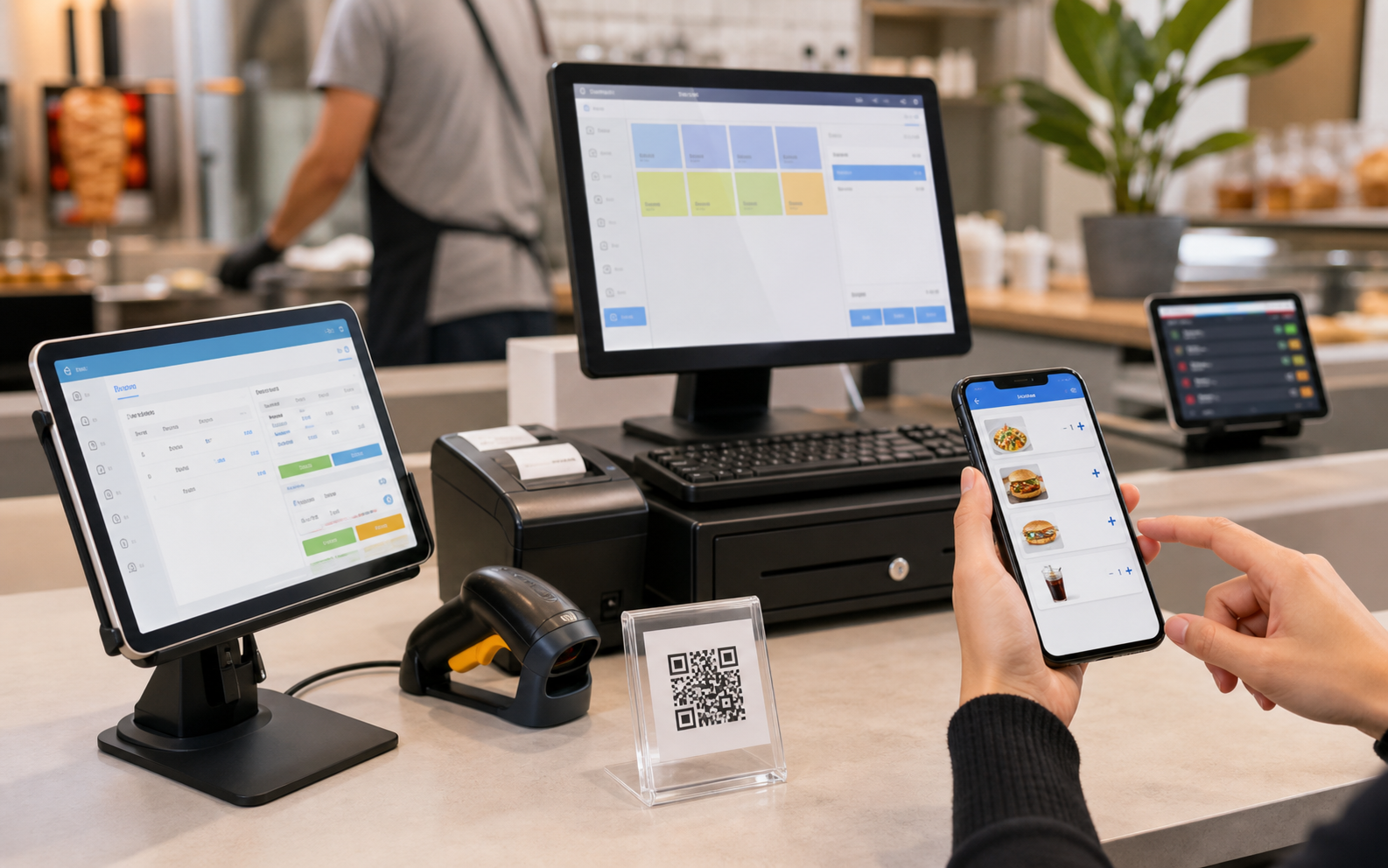 POS Web tablet, mobile QR ordering and offline POS hardware on a retail counter