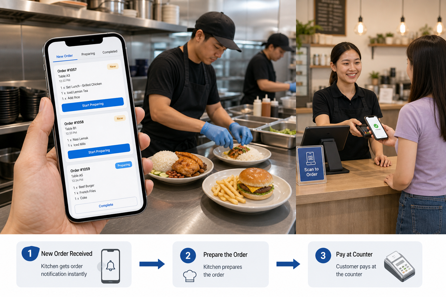 Kitchen receives QR order notification on phone prepares food and customer pays at counter