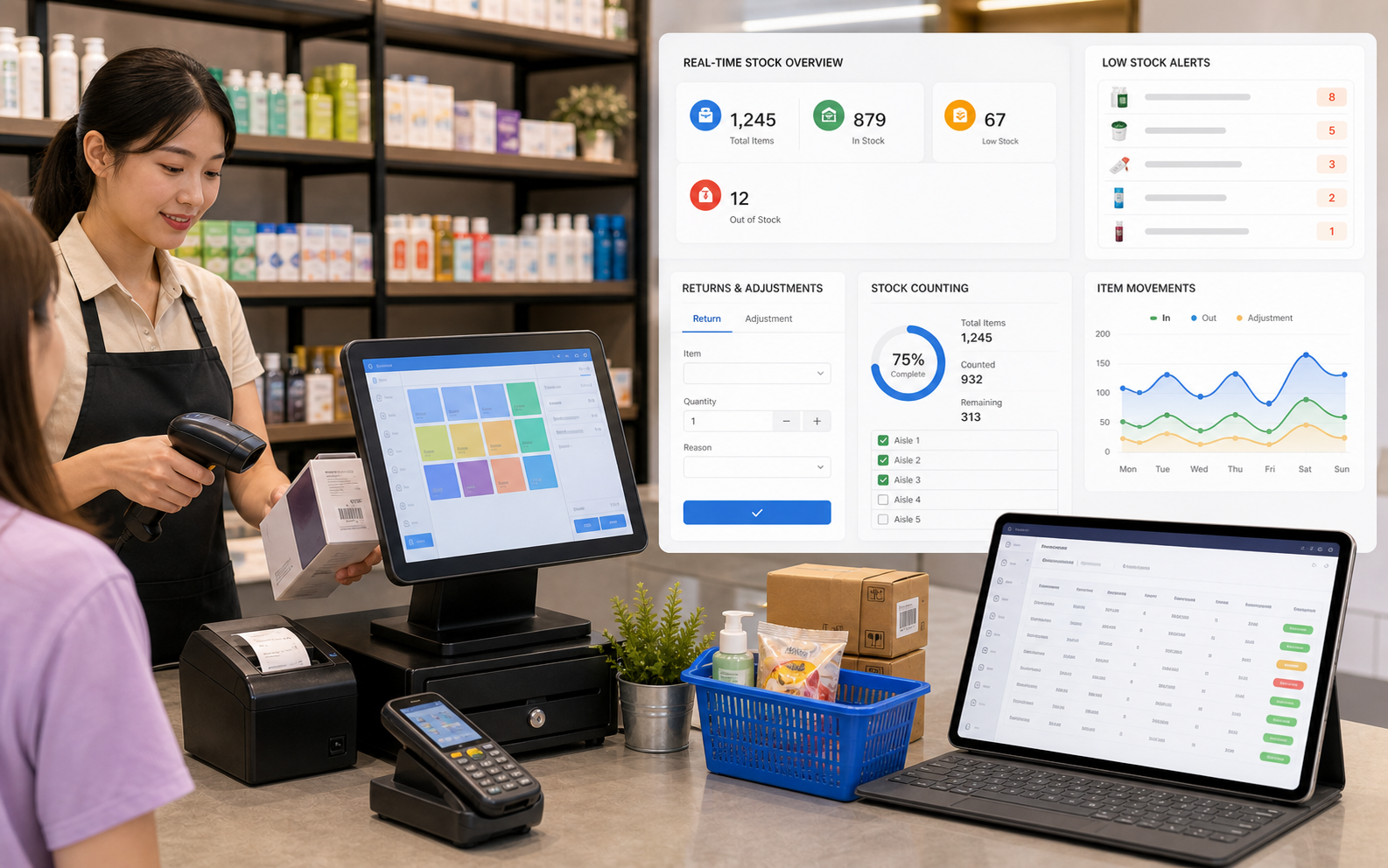 BMO Retail POS real-time inventory control with stock count returns and low stock dashboard