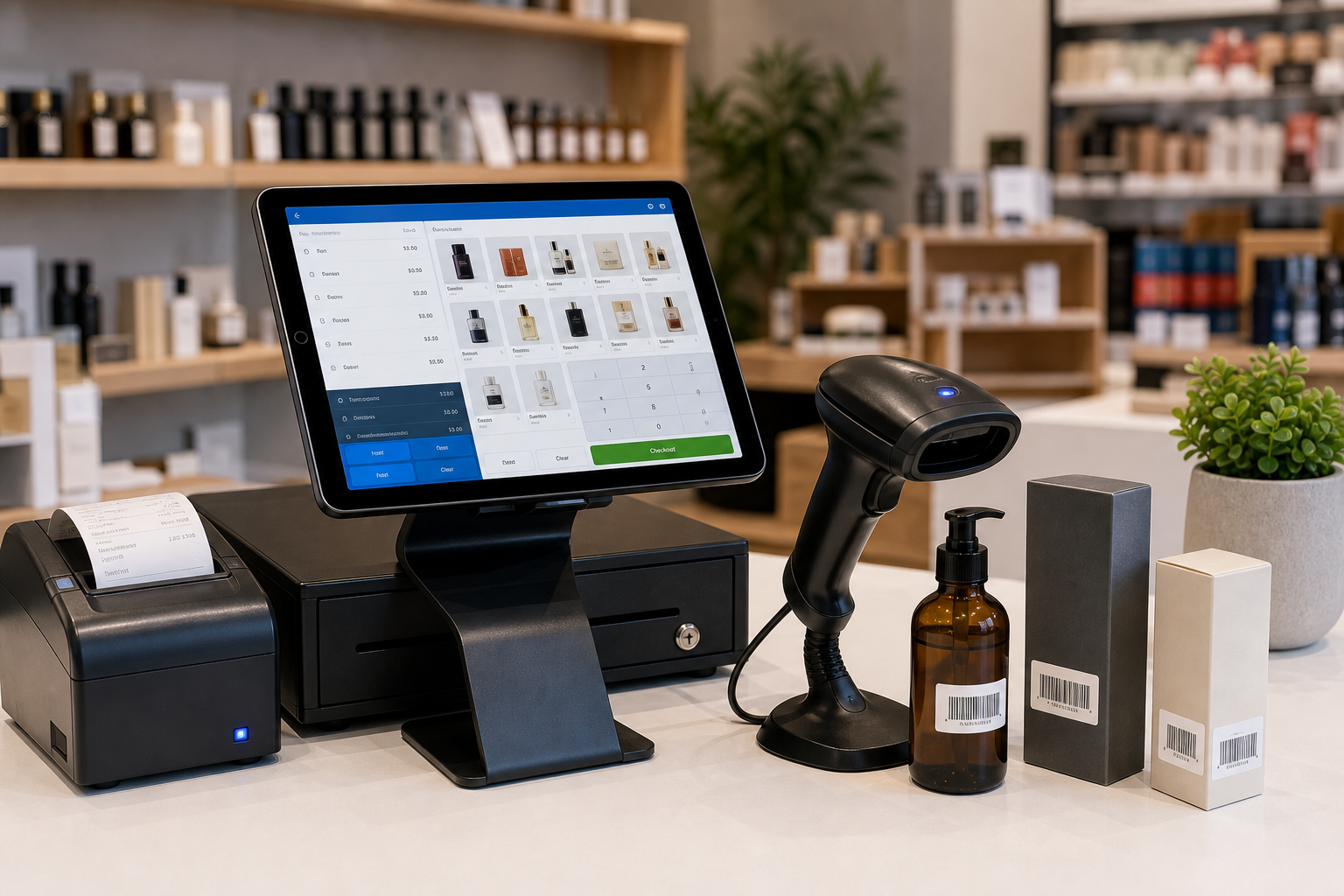 Retail POS counter with tablet POS and connected barcode scanner